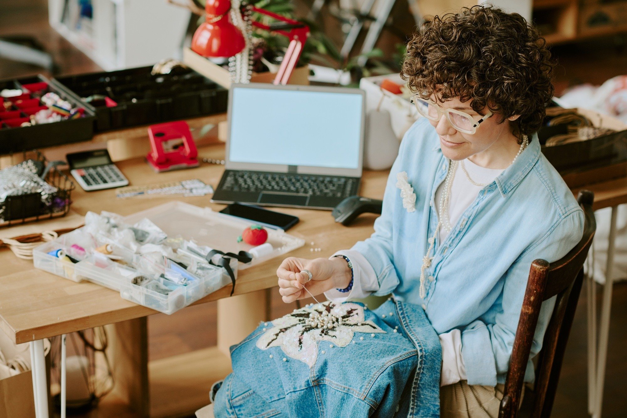 Crafting Embroidered Jacket in Home Office Environment